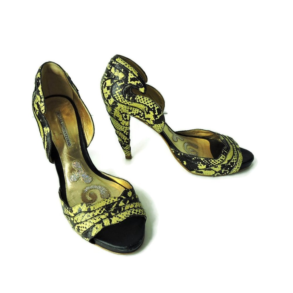 Tatiana Gorentzvaig high Heels 4.5" Shoes Peep Toe snake unique sz 38 EU / 8 US
